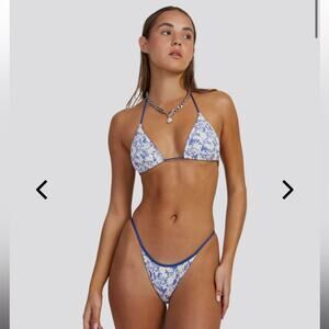 NWT RVCA Blue Daisy Floral Skimpy Coverage High Cut Leg Bikini Bottoms Size M/10